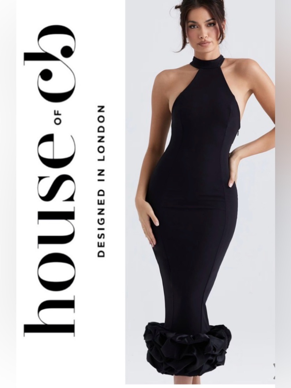 House of CB Juniper Halter Neck Peplum Hem Cocktail Dress Black | Size Large